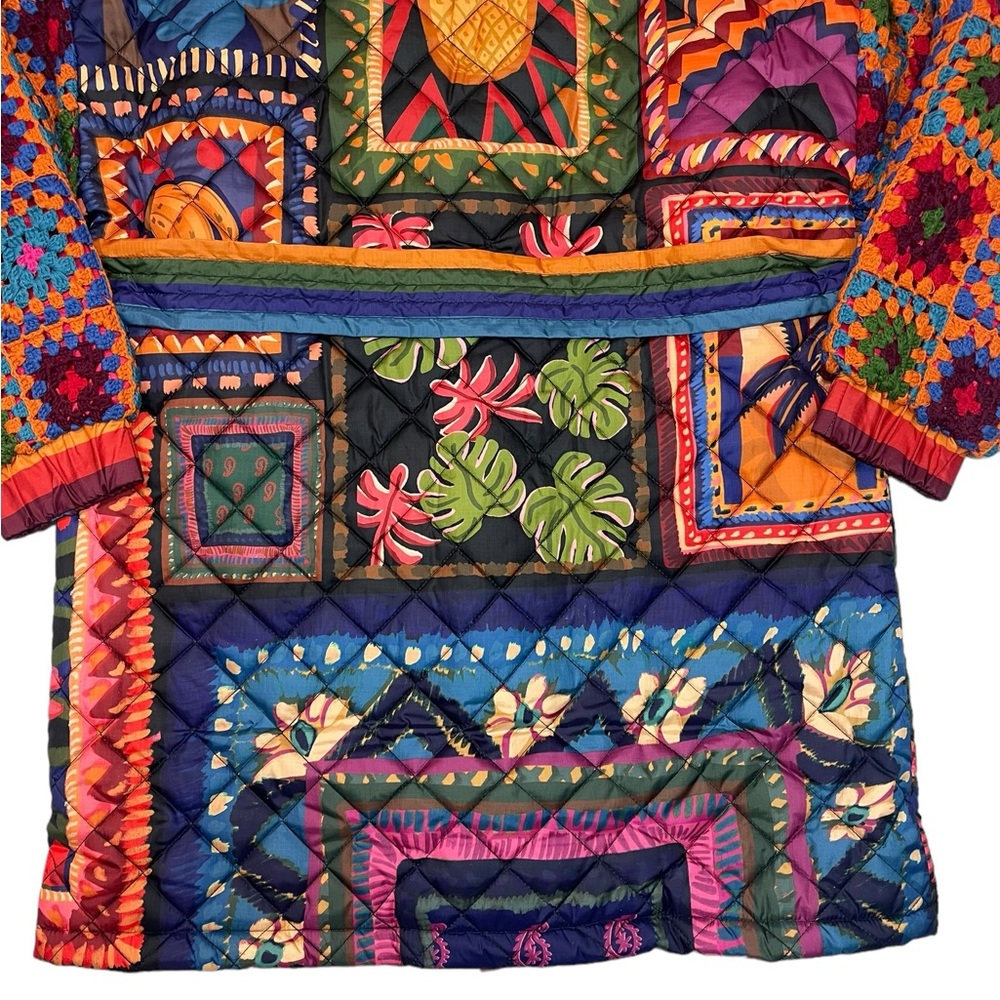 FARM RIO Patchwork Coat Quilted Crochet Sweater Sleeve Trench Boho Print Jacket - Picture 10 of 16
